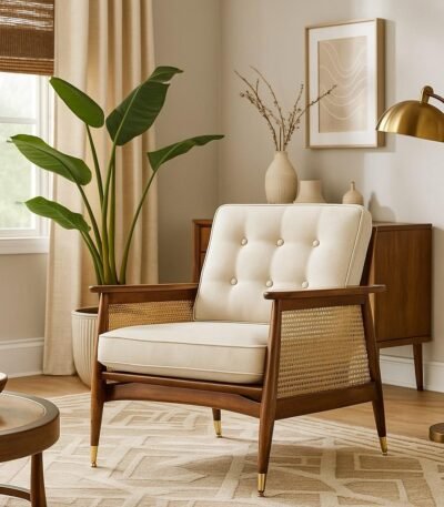 Lusso Armchair made of Sheesham wood with rattan cane panels and cushioned seat