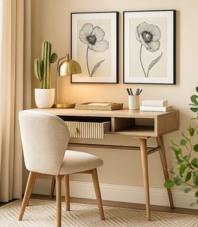 Deskara mango wood study table with fluted drawer and open shelf