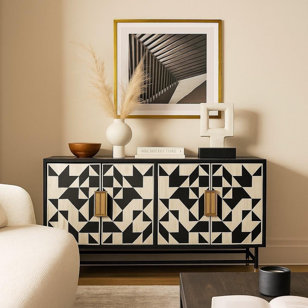Bonecraft Bone Inlay Sideboard – Black and White Geometric Mango Wood Cabinet