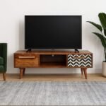 Vistaro Sheesham wood TV unit with chevron bone inlay and mid-century legs – Wooden Slice