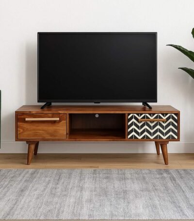 Vistaro Sheesham wood TV unit with chevron bone inlay and mid-century legs – Wooden Slice