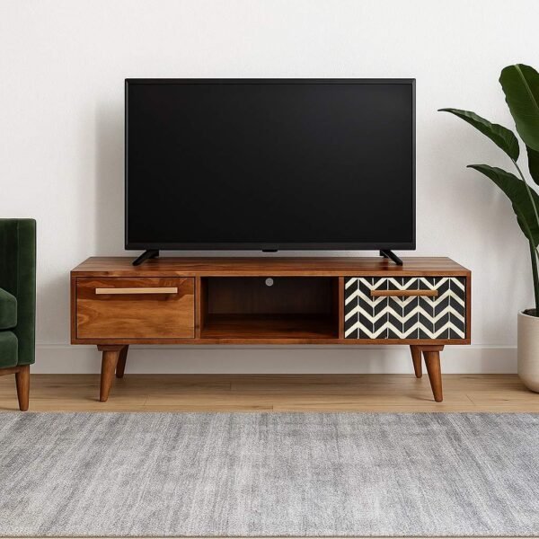 Vistaro Sheesham wood TV unit with chevron bone inlay and mid-century legs – Wooden Slice