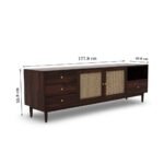 Modern dark wood TV unit with cane cabinet doors, brass knobs, open shelving, and drawers on both sides