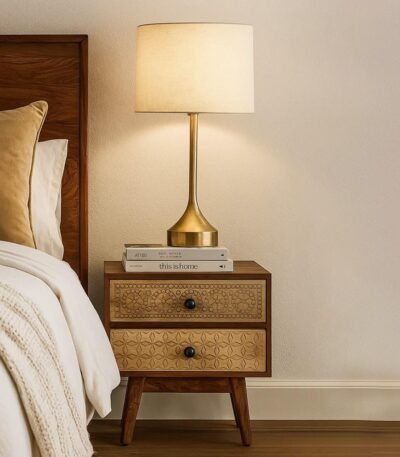 Wooden carved bedside table handcrafted from mango wood with floral carved drawers