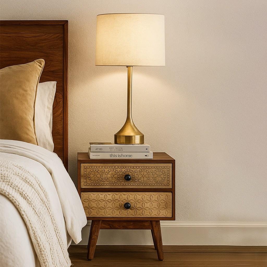 Wooden carved bedside table handcrafted from mango wood with floral carved drawers