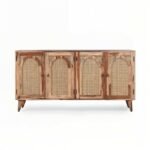 Natural wood sideboard with rattan cane arched panel doors