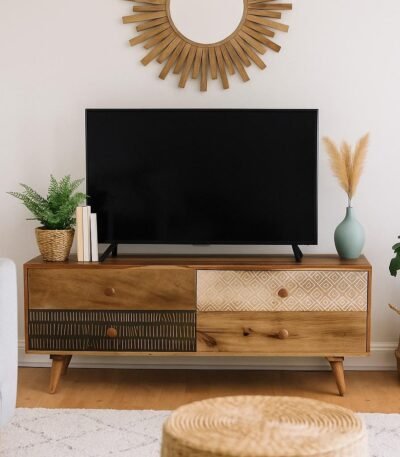 Nestova Mango Wood TV Unit with Tribal Patterned Drawers and Boho Design
