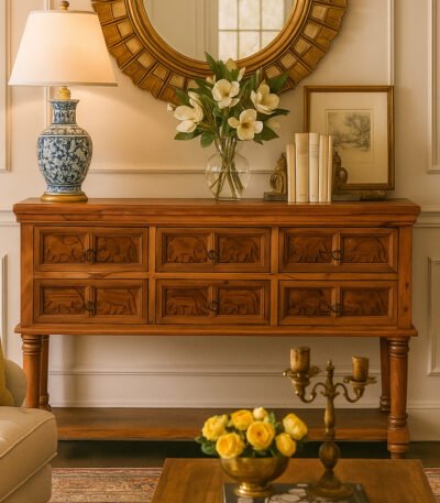 Oaklyn wooden chest of drawers in solid Sheesham wood with carved elephant panels
