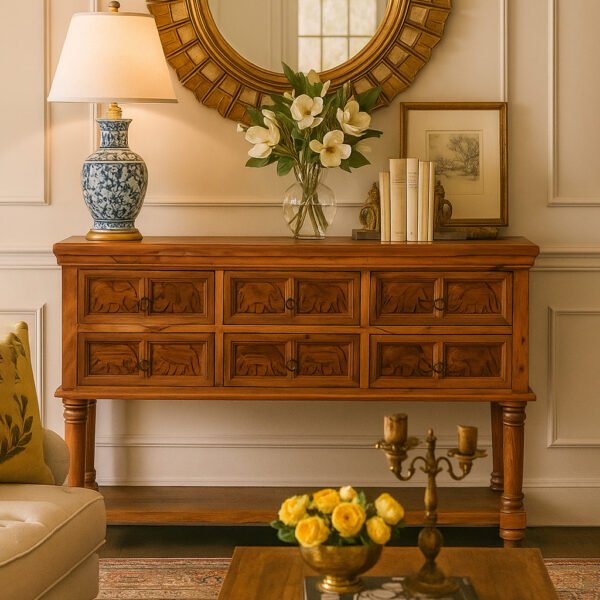 Oaklyn wooden chest of drawers in solid Sheesham wood with carved elephant panels