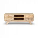 handcrafted Sheesham wooden TV unit with dual carved cabinet shutters and open center shelf in natural finish