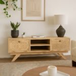 WoodenView Sheesham wood handcarved TV unit with open shelves and bohemian carved side drawers by Wooden Slice