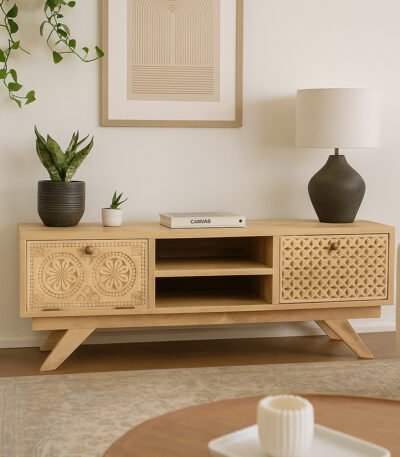 WoodenView Sheesham wood handcarved TV unit with open shelves and bohemian carved side drawers by Wooden Slice