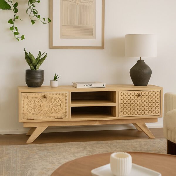 WoodenView Sheesham wood handcarved TV unit with open shelves and bohemian carved side drawers by Wooden Slice