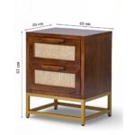 Handcrafted mango wood cane bedside table with rattan drawer fronts and gold metal base