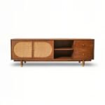 Luxora Mango Wood Rattan TV Unit - Mid-Century Modern Media Console with Storage- Wooden Slice - Image 2