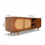 Luxora rattan TV console made from solid Mango wood with cane cabinet doors