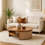 handcrafted mango wood and rattan coffee table with honey finish