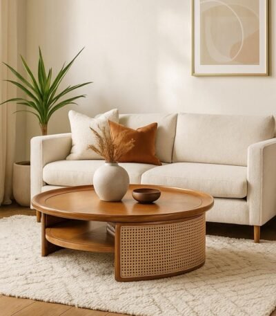handcrafted mango wood and rattan coffee table with honey finish