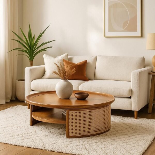 handcrafted mango wood and rattan coffee table with honey finish