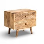 Handcrafted sheesham wood bedside table with hand-carved floral drawers and natural wood finish