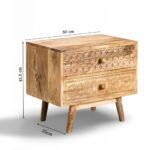 Handcrafted sheesham wood bedside table with hand-carved floral drawers and natural wood finish