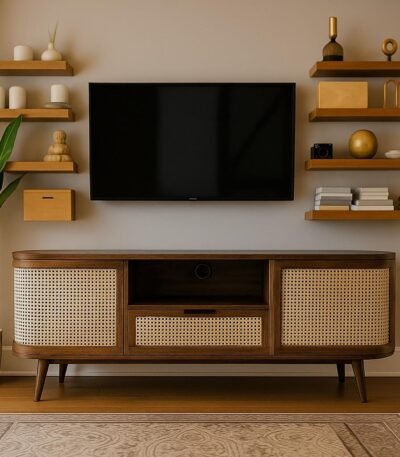 Streamza Sheesham Wood Rattan TV Cabinet with Cane Doors – Mid-Century Media Console