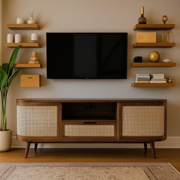 Streamza Sheesham Wood Rattan TV Cabinet with Cane Doors – Mid-Century Media Console