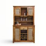Driftbar cane bar cabinet in solid Sheesham wood with rattan doors and wine storage