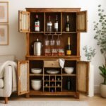Driftbar cane bar cabinet in solid Sheesham wood with rattan doors and wine storage