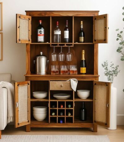 Driftbar cane bar cabinet in solid Sheesham wood with rattan doors and wine storage