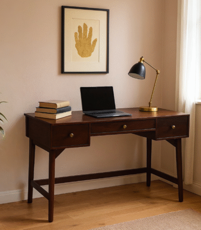 Sheesham wood study table with dark walnut finish and three drawers
