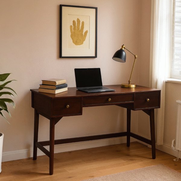 Sheesham wood study table with dark walnut finish and three drawers