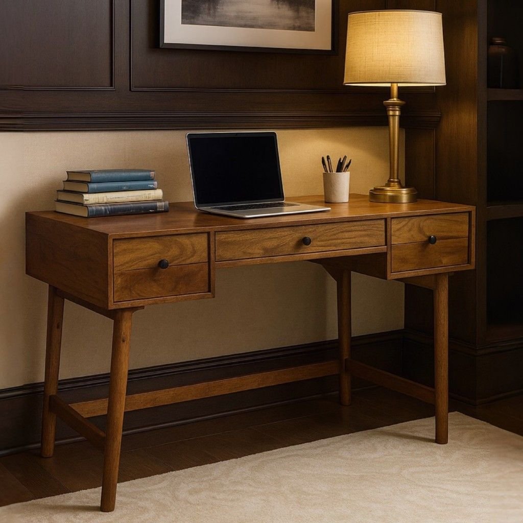 solid-wood-desk-mid-century-style-three-drawers-mai (1) Duskwrit Solid Wood Study Table in Sheesham Wood – Natural Finish- Wooden Slice - Image 1
