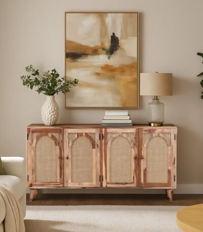 Handcrafted mango wood cane sideboard with arched cane doors and tapered legs.