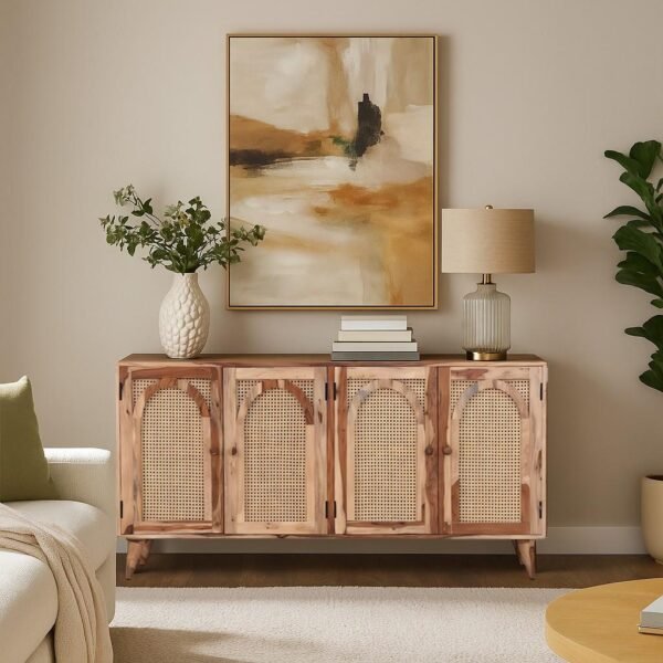 Handcrafted mango wood cane sideboard with arched cane doors and tapered legs.