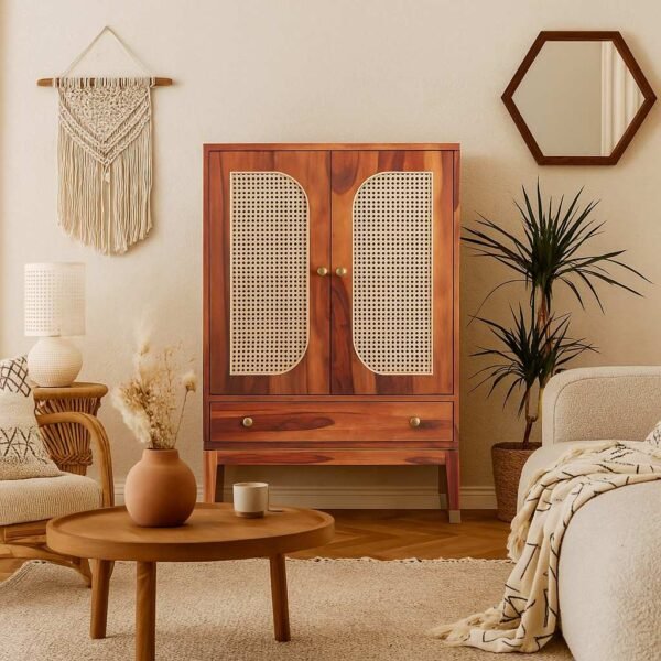 Wooden bar cabinet with cane doors crafted from solid Sheesham wood in honey finish