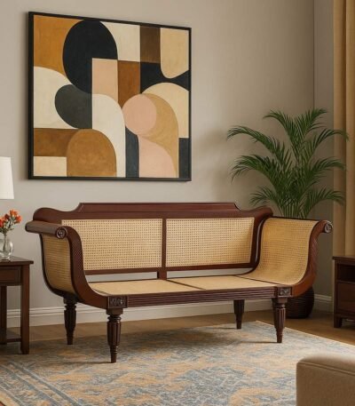 Handcrafted two seater cane bench made from sheesham wood with curved arms and full cane weaving.