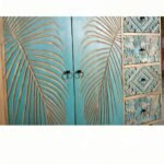 Bluvia mango wood carved sideboard with teal palm leaf carvings and geometric drawer accents by Wooden Slice