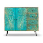 Bluvia mango wood carved sideboard with teal palm leaf carvings and geometric drawer accents by Wooden Slice
