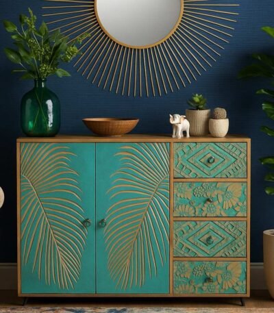 Bluvia mango wood carved sideboard with teal palm leaf carvings and geometric drawer accents by Wooden Slice