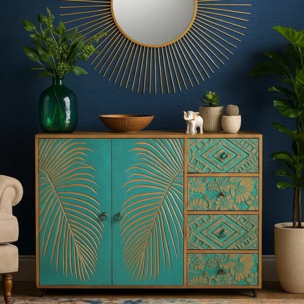 Bluvia mango wood carved sideboard with teal palm leaf carvings and geometric drawer accents by Wooden Slice