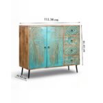 Bluvia mango wood carved sideboard with teal palm leaf carvings and geometric drawer accents by Wooden Slice
