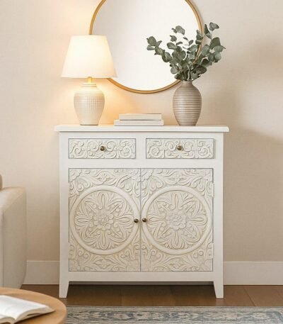 Florin Hand Carving Sideboard – Handcrafted Sheesham Wood White Carved Cabinet