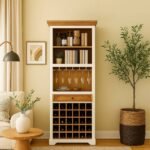 White wooden bar cabinet in solid Sheesham wood with wine cubbies and glass rack