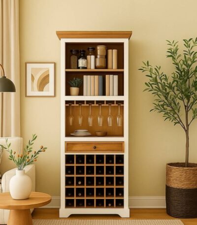 White wooden bar cabinet in solid Sheesham wood with wine cubbies and glass rack