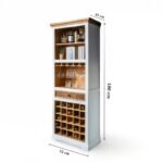 Stylish white and oak wooden bar cabinet with wine bottle storage grid, hanging glass rack, and open shelves for a modern home bar.