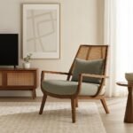 High back throne chair solid wood armchair with cane weaving and plush upholstery.