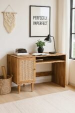 Cane study table in solid Mango wood with rattan cabinet