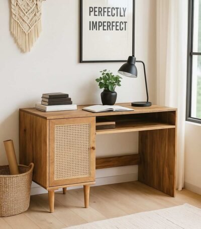 Cane study table in solid Mango wood with rattan cabinet