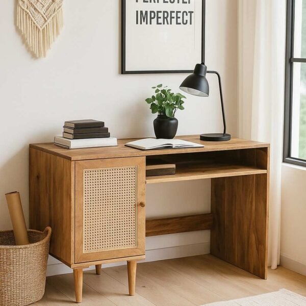 Cane study table in solid Mango wood with rattan cabinet